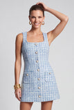 Tweed Square Neck Light Blue A-Line Short Work Dress