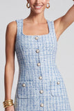 Tweed Square Neck Light Blue A-Line Short Work Dress