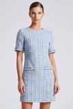 Light Blue Round Neck Tweed Bodycon Short Work Dress