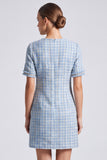 Light Blue Round Neck Tweed Bodycon Short Work Dress