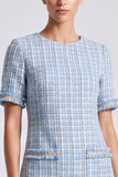 Light Blue Round Neck Tweed Bodycon Short Work Dress