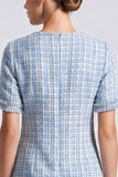 Light Blue Round Neck Tweed Bodycon Short Work Dress