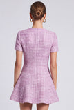 A-Line Purple Bateau Neck Sequins Tweed Short Work Dress