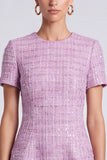 A-Line Purple Bateau Neck Sequins Tweed Short Work Dress