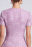 A-Line Purple Bateau Neck Sequins Tweed Short Work Dress