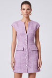 V-Neck Purple Sequins Tweed Cap Sleeve A-Line Short Work Dress