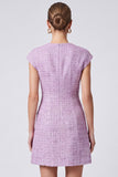 V-Neck Purple Sequins Tweed Cap Sleeve A-Line Short Work Dress