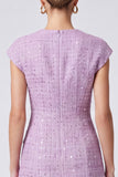 V-Neck Purple Sequins Tweed Cap Sleeve A-Line Short Work Dress