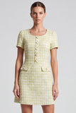Light Yellow Tweed Square Neck A-Line Short Work Dress