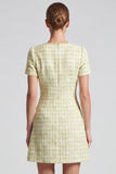 Light Yellow Tweed Square Neck A-Line Short Work Dress