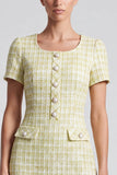 Light Yellow Tweed Square Neck A-Line Short Work Dress