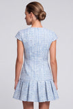 Light Blue Tweed A-Line Cap Sleeve Short Work Dress
