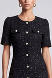 A-Line Black Round Neck Tweed Short Work Dress