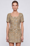 Square Neck Champagne Tweed A-Line Short Sleeve Short Work Dress