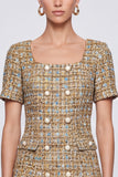 Square Neck Champagne Tweed A-Line Short Sleeve Short Work Dress