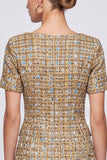 Square Neck Champagne Tweed A-Line Short Sleeve Short Work Dress