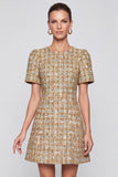 A-Line Champagne Tweed Short Sleeve Short Work Dress
