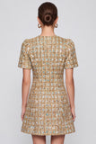A-Line Champagne Tweed Short Sleeve Short Work Dress