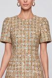 A-Line Champagne Tweed Short Sleeve Short Work Dress