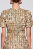 A-Line Champagne Tweed Short Sleeve Short Work Dress