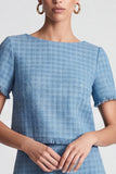 2 Piece Blue A-Line Short Sleeve Short Tweed Work Dress
