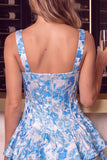 Tiered Corset Ruffled A Line Blue Floral Mini Homecoming Dress
