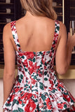 Tiered Corset Ruffled A Line Blue Floral Mini Homecoming Dress
