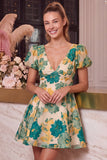 V-Neck Floral A Line Puff Sleeve Pink Mini Homecoming Dress