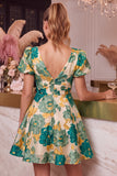 V-Neck Floral A Line Puff Sleeve Pink Mini Homecoming Dress