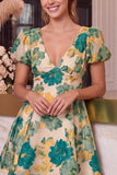 V-Neck Floral A Line Puff Sleeve Pink Mini Homecoming Dress