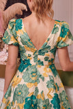 V-Neck Floral A Line Puff Sleeve Pink Mini Homecoming Dress