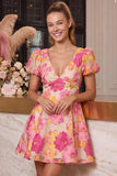 V-Neck Floral A Line Puff Sleeve Pink Mini Homecoming Dress