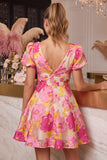 V-Neck Floral A Line Puff Sleeve Pink Mini Homecoming Dress