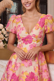 V-Neck Floral A Line Puff Sleeve Pink Mini Homecoming Dress