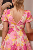 V-Neck Floral A Line Puff Sleeve Pink Mini Homecoming Dress