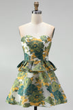 Strapless Tiered Ruffled Floral A Line Pink Mini Homecoming Dress