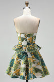 Strapless Tiered Ruffled Floral A Line Pink Mini Homecoming Dress
