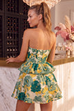 Strapless Tiered Ruffled Floral A Line Pink Mini Homecoming Dress