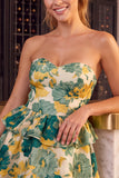 Strapless Tiered Ruffled Floral A Line Pink Mini Homecoming Dress