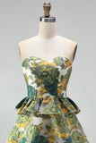 Strapless Tiered Ruffled Floral A Line Pink Mini Homecoming Dress