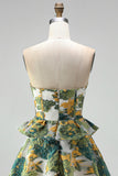 Strapless Tiered Ruffled Floral A Line Pink Mini Homecoming Dress