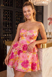 Strapless Tiered Ruffled Floral A Line Pink Mini Homecoming Dress