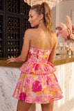 Strapless Tiered Ruffled Floral A Line Pink Mini Homecoming Dress