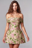 Off The Shoulder Champagne Floral A Line Mini Homecoming Dress