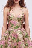 Halter Floral A Line Champagne Mini Homecoming Dress