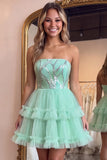 Strapless Sparkly A Line Tiered Mint Green Tulle Mini Homecoming Dress