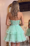 Strapless Sparkly A Line Tiered Mint Green Tulle Mini Homecoming Dress