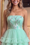 Strapless Sparkly A Line Tiered Mint Green Tulle Mini Homecoming Dress