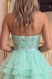 Strapless Sparkly A Line Tiered Mint Green Tulle Mini Homecoming Dress