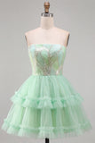 Strapless Sparkly A Line Tiered Mint Green Tulle Mini Homecoming Dress